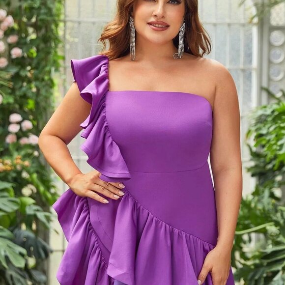 NWOT One Shoulder Ruffle Trim Asymmetrical Hem Dress - Picture 4 of 4